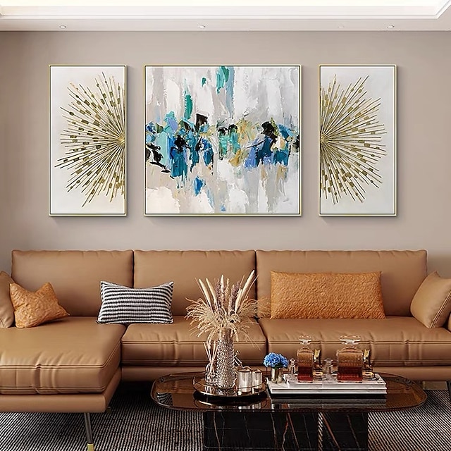  抽象的な金箔絵 3 個手描き油絵キャンバス壁アート用リビングルームの家の装飾ロールキャンバス (フレームなし)
