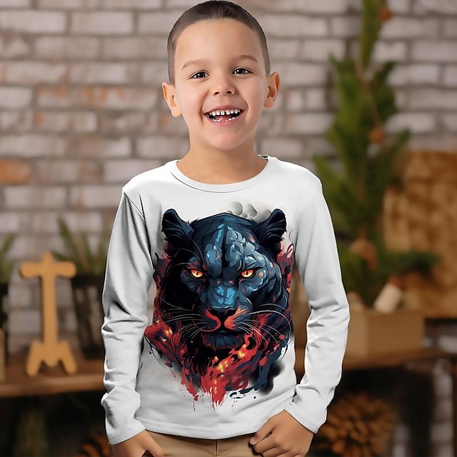  Drenge 3D Leopard Tiger T-shirt Skjorte Langærmet 3D-udskrivning Forår Efterår Sport Mode Gade Polyester Børn 3-12 år Rund hals udendørs Afslappet Daglig Regulær