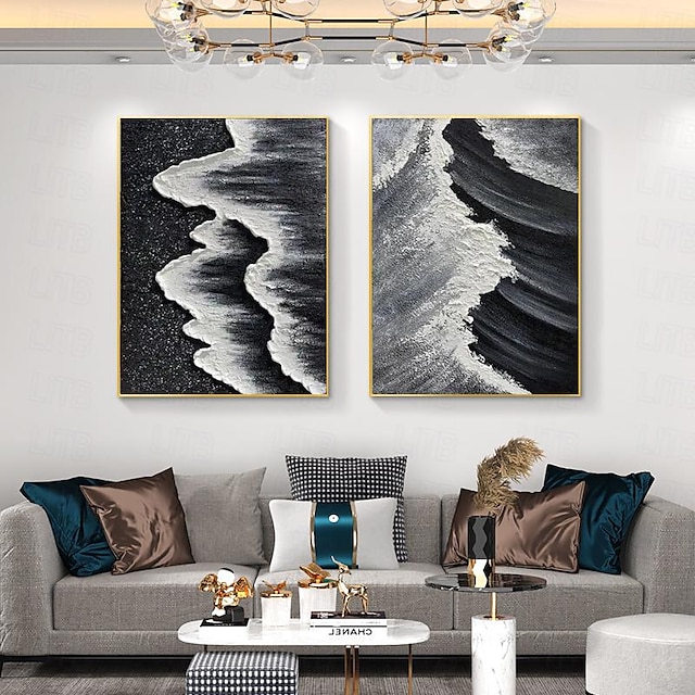  grande pintura de onda 3d em preto e branco pintado à mão pintura de gesso 3d de grandes dimensões pintura de textura preta e branca pintura minimalista contemporânea em tela decoração de casa moldura