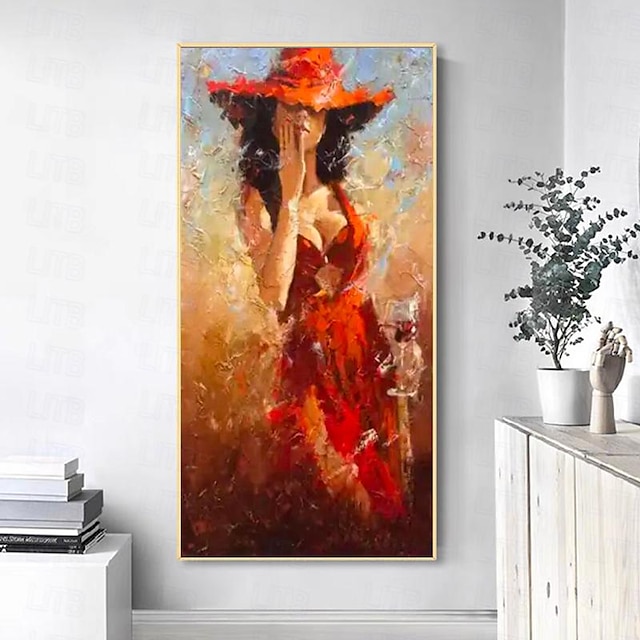  Abstracto pintado a mano vestido rojo niña bebiendo vino tinto pinturas artísticas de pared lienzo sexy decoración de la pared decoración del hogar decoración de la sala de estar sin marco