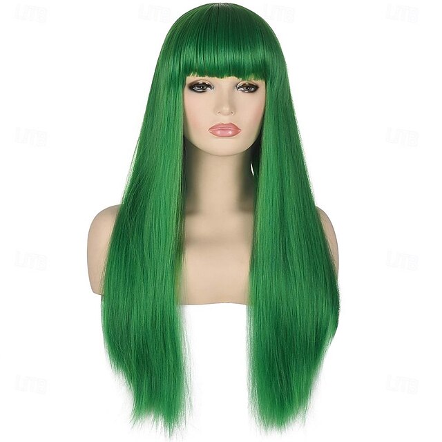  26 pelucas de pelo sintético resistente, largas, rectas, verdes, para mujer, con flequillo, peluca de aspecto natural para mujer, pelucas de Halloween para cosplay del día de San Patricio