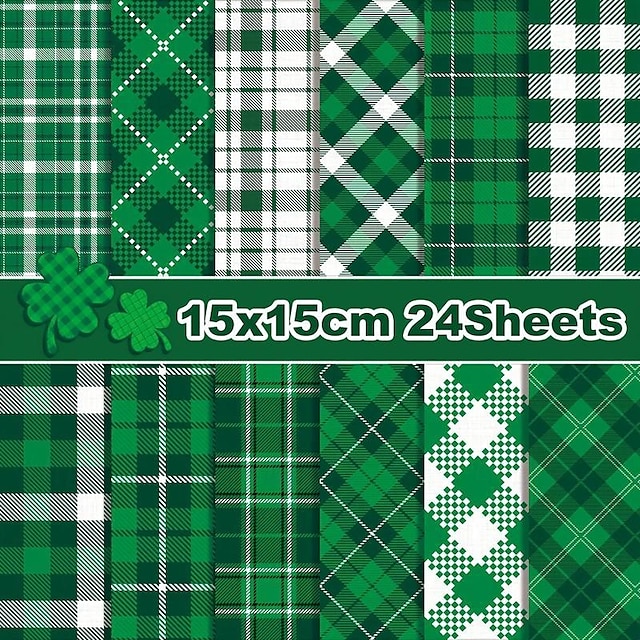  24 ark grønt rutete mønster papir st. patrick's day utklippsbokpapir, dekorativt håndverkspapir for kortlaging av dekorativt bakgrunnskunstalbum