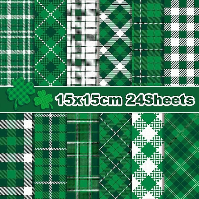  24listů zelený kostkovaný papír sv. Patrick's day scrapbookový papír, dekorativní řemeslný papír na výrobu karet dekorativní pozadí umělecké album