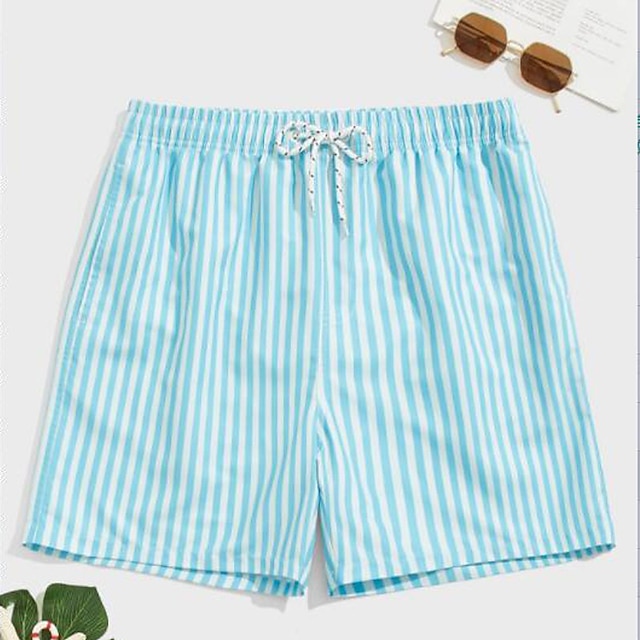  Herr Boardshorts Badshorts Utekväll Helgen Andningsfunktion Snabb tork Ficka Snörning Elastisk midja Randig Kort Gymnastik Ledigt Sportkläder Himmelsblå Brun