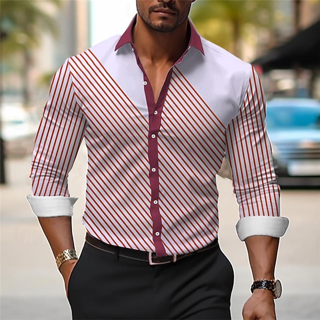  Stripe Men's Business Casual 3D Printed Shirt Outdoor Wear to work Daily Wear Spring & Summer Turndown Long Sleeve Black Red Blue S M L 4-Way Stretch Fabric Shirt
