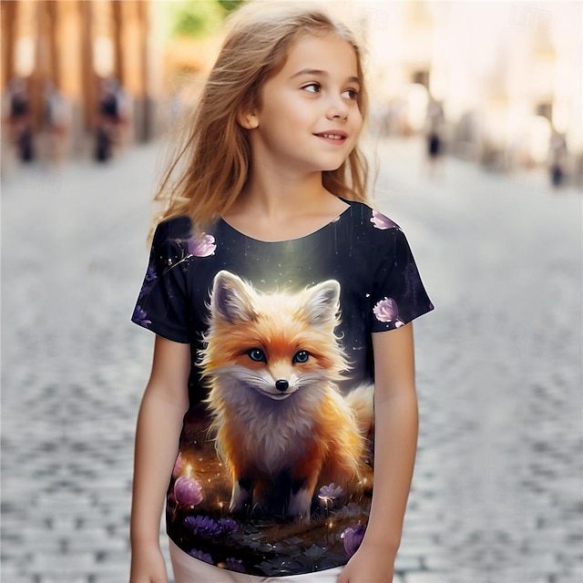  Girls' 3D Fox Tee Shirts Short Sleeve 3D Print Summer Active Fashion Cute Polyester Kids 3-12 Years Crew Neck Outdoor Casual Daily Regular Fit