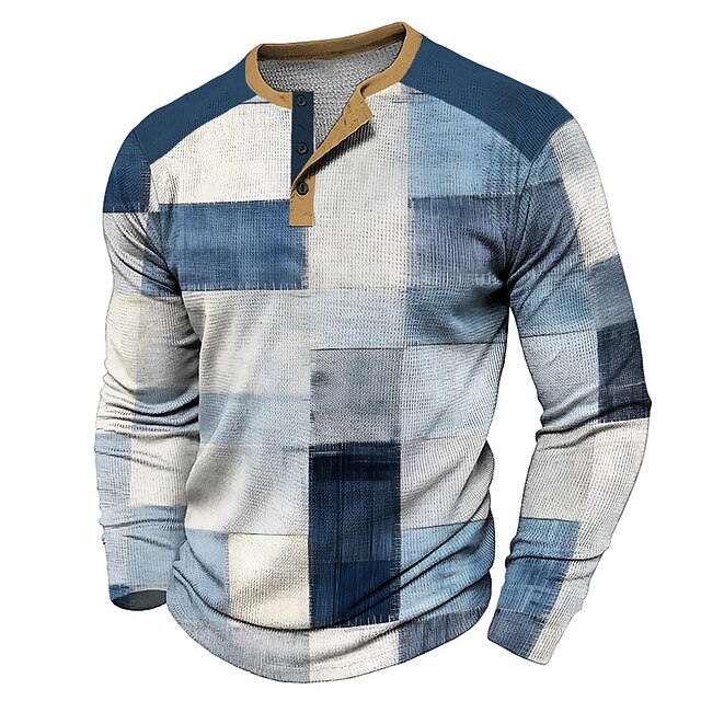 Plaid Men's Fashion Casual 3D Printed Waffle Henley T Shirt Sports ...