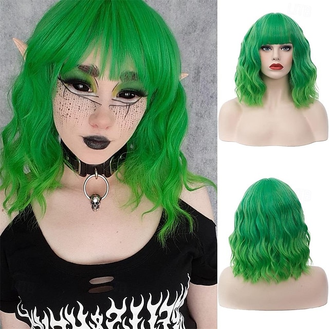  Women‘s Bright Green Ombre Wig Short Curly Wavy Wig Shoulder Length Flat Bangs Wig For Women Girl Cosplay Party Halloween Wig Cap Included St.Patrick's Day Wigs