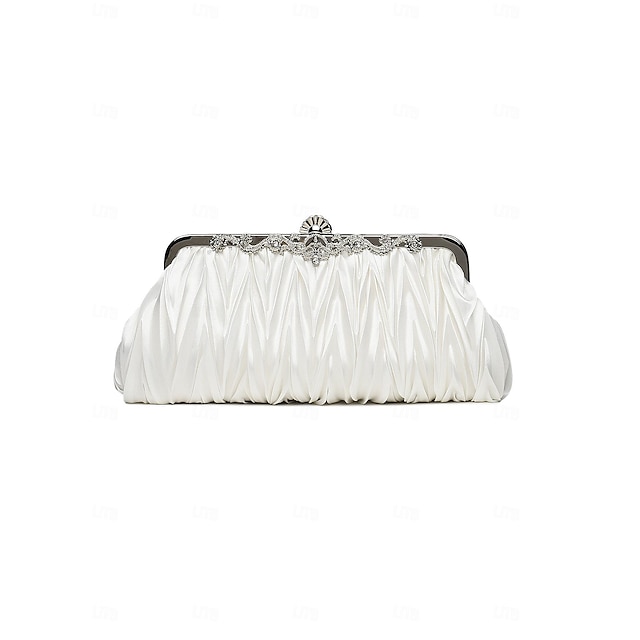  Women's Clutch Evening Bag Satin Alloy Party Crystals Chain Solid Color Silver Almond Black