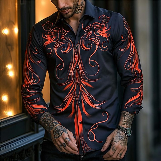  Herren Totem Knopfhemd Bedruckte Hemden Langarm Subkulturell Urlaub Party Strasse Frühling Sommer Umlegekragen Bedruckt Button-Down Rote Purpur Orange