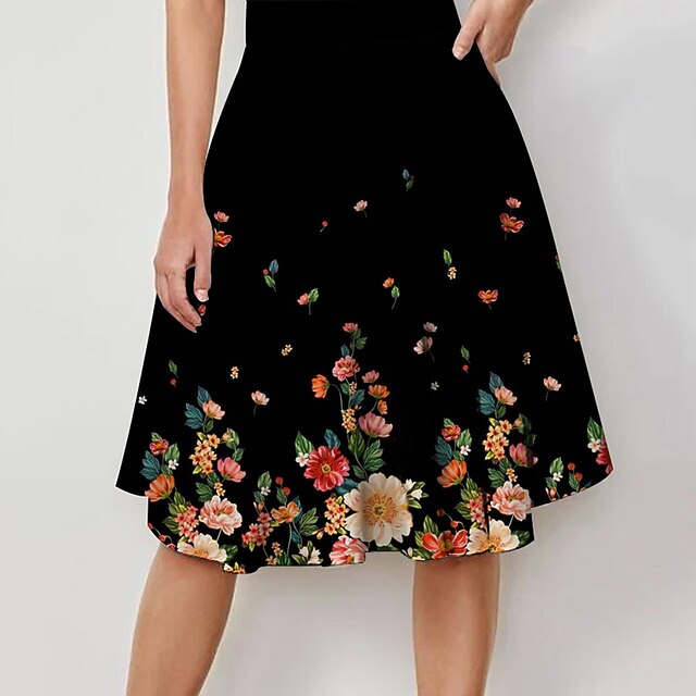 Women's Skirt A Line Swing Kneelength Polyester Black Skirts Summer