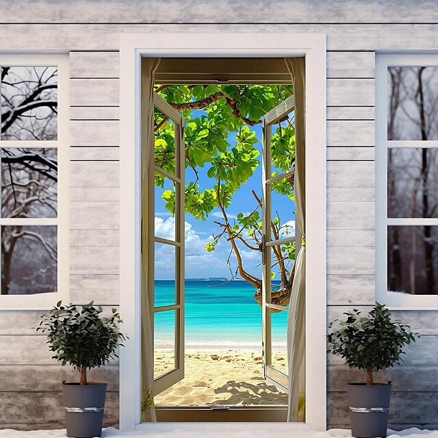 Window View Beach Door Covers Mural Decor Door Tapestry Door Curtain ...