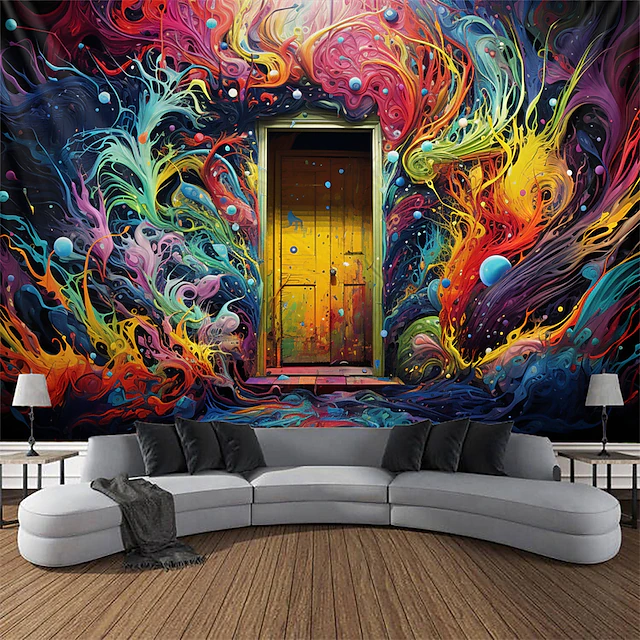 Blacklight Tapestry UV Reactive Glow in the Dark Glow Party Neon Colorful Painting Door Psychedelic Trippy Misty Hanging Tapestry Wall Art Mural for Living Room Bedroom 18