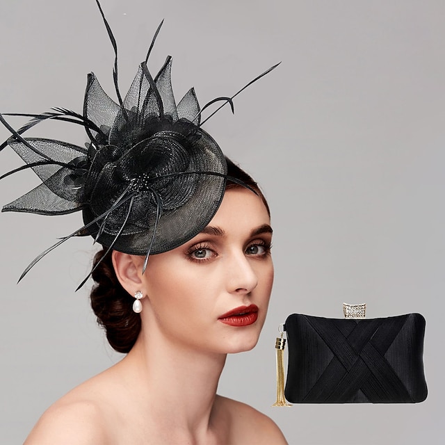  Feathers Net Fascinators Hats Headpiece with Feather Cap Flower 1 PC Wedding Horse Race Ladies Day Melbourne Cup Headpiece with A Clutch Evening Bag