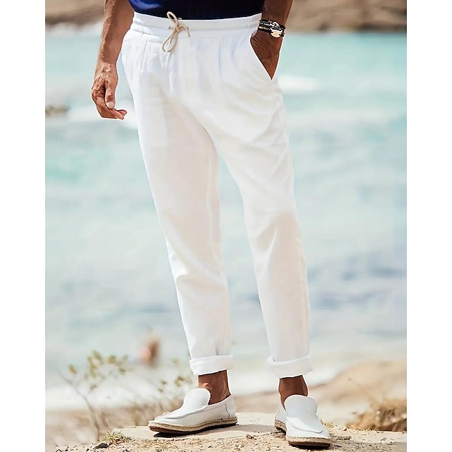  Men's Linen Pants Drawstring Elastic Waist Plain Breathable Soft Casual Weekend Fashion Streetwear Loose Fit White Micro-elastic