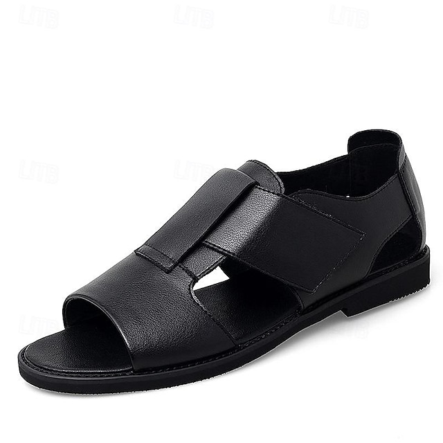  Муж. Сандалии Кожаные сандалии Римская обувь Комфортные сандалии На каждый день Пляж Кожа наппа На липучках Черный Лето