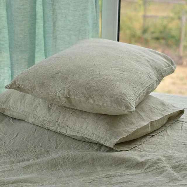  100% フレンチリネン枕カバー ベーシックスタイル - 2枚パック - 無地 天然亜麻 ソフトで通気性のある - リネン、48x74cm