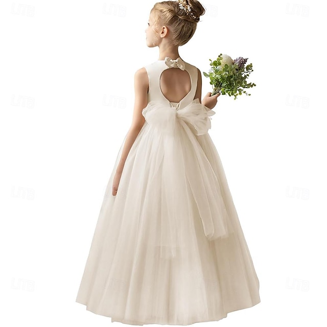  bloemmeisje jurken voor bruiloft puffy satijnen tule prinses optocht jurk voor meisjes ronde hals tule boog prom baljurken voor bruiloftsgast