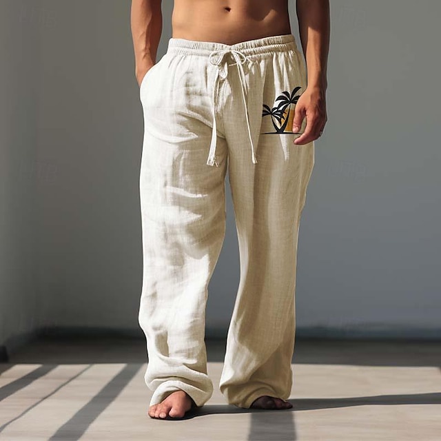  kookospuu miesten vapaa-ajan puuvillahousut housut päivittäiseen käyttöön loma menossa ulos vyötärön puolivälissä elastiset housut