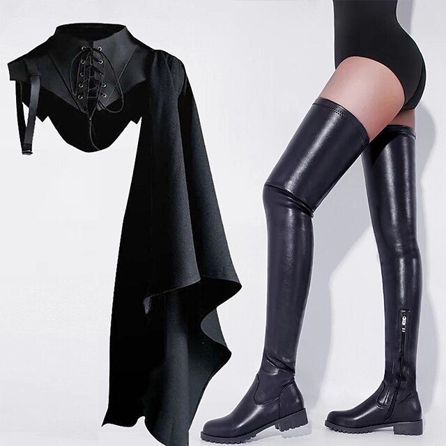  Retro Accessories Set  Shoes With Retro Vintage Punk & Gothic Cloak Shawls Women's Boots Over The Knee Boots Thigh High Boots Party Block Heel Round Toe PU Leather Zipper Black Red