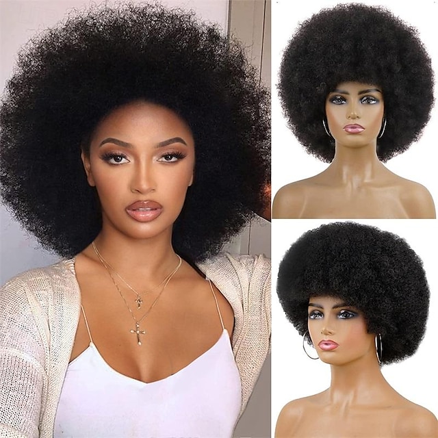  Pelucas afro para mujeres negras Peluca afro negra corta de los años 70 pelucas afro hinchadas disco para mujeres peluca rizada rizada Peluca sintética de aspecto natural de 10 pulgadas fiesta diaria