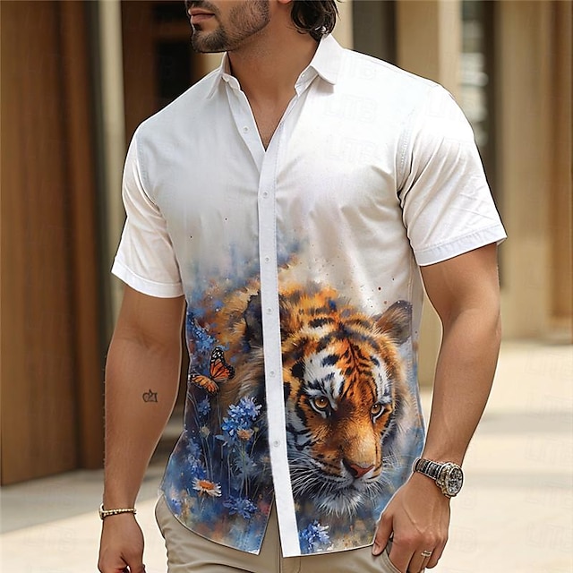  Мужская курортная гавайская рубашка с рисунком тушью тигра, рубашка с 3D принтом, повседневная летняя рубашка на пуговицах с короткими рукавами, повседневная одежда для отпуска, от s до 3xl