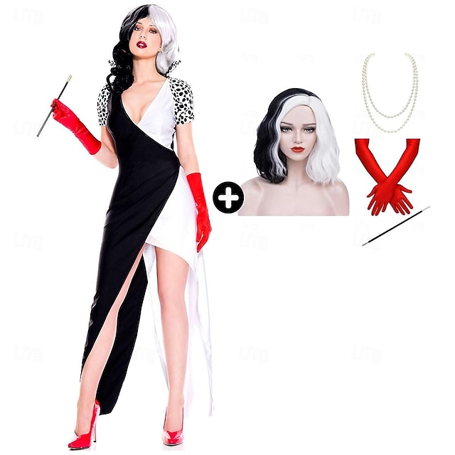  Hundert und ein Dalmatiner Cruella De Vil Kleid Cosplay Kostüm Halskette Damen Film Cosplay Urlaub Schwarz Karneval Maskerade Kleid Perücke