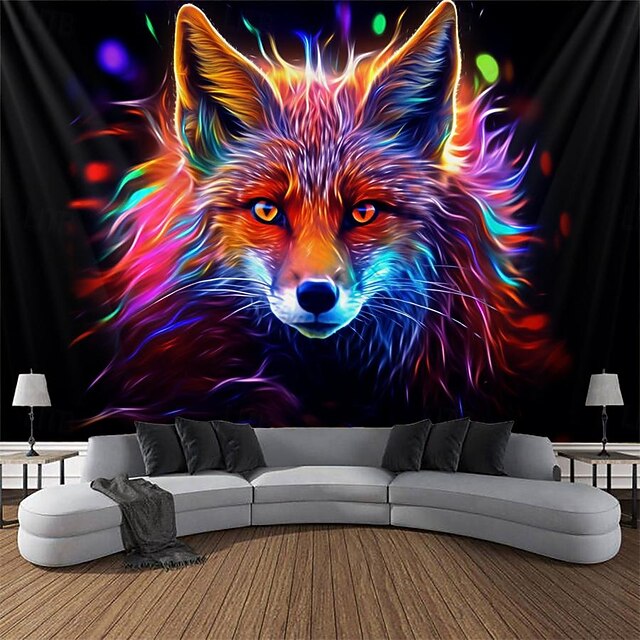 Blacklight Tapestry UV Reactive Glow in the Dark Glow Party Neon Animal Fox Psychedelic Trippy Misty Hanging Tapestry Wall Art Mural for Living Room Bedroom 12