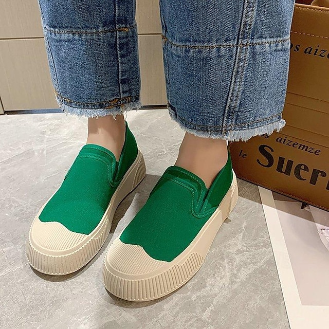 Women's Sneakers Slip-Ons Comfort Shoes Daily St. Patrick's Day Flat Heel Round Toe Sporty Casual Preppy Canvas Denim Loafer Black Green khaki