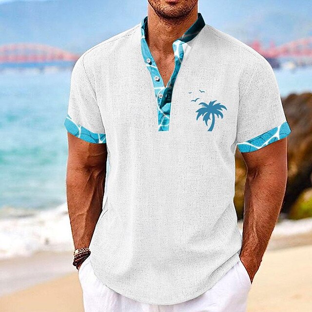 Men's Coconut Palm Tropical Plants Shirt Summer Shirt Summer Hawaiian Shirt Short Sleeve Shirt Stand Collar Henley Collar Hawaiian Resort Vacation Holiday Going out Light Blue White Green S M L 7