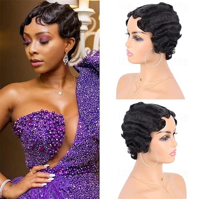  Wig Finger Wave Wig Short Syntheyic Hair Curly Wigs for Black Women Lady Nuna Wig 1920s Cosplay Costume Halloween Party Daily Use