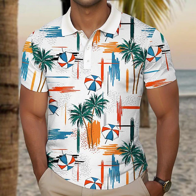 Kentucky Derby Men's Palm Tree Golf Shirt Short Sleeve Polo Shirts Collared Shirts Casual Beach Wear Vacation Wear Tropical Wear Party Outfits Buttons 3D Print Summer Yellow Red Blue 8