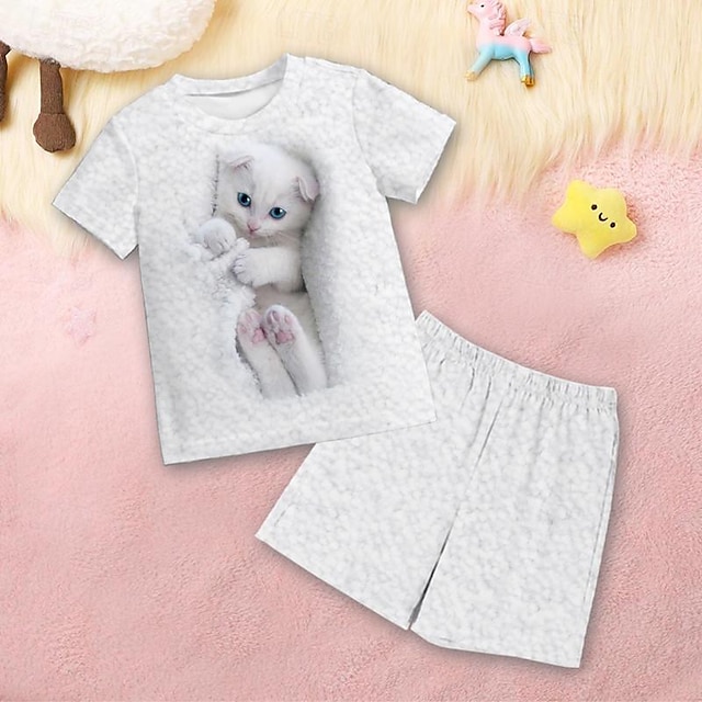  3d μπλουζάκι γάτας για κορίτσια & σορτς πιτζάμα σετ ροζ κοντομάνικο 3d print καλοκαιρινή ενεργή μόδα χαριτωμένα πολυεστερικά παιδιά 3-12 ετών πλήρωμα λαιμόκοψη σπίτι αιτιώδης εσωτερική κανονική