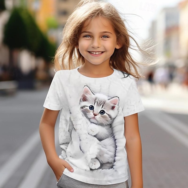  Девочки 3D Кот Футболка Рубашка С короткими рукавами 3D печать Лето Активный Мода Симпатичные Стиль Полиэстер Дети 3-12 лет Вырез под горло на открытом воздухе Повседневные Стандартный