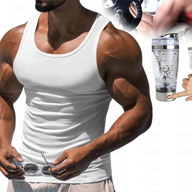  set s pánským tričkem tričko tílko tílko tílko tílko tričko obyčejné kulatý výstřih přenosný USB dobíjecí proteinový shaker láhev 2 ks pánské aktivní oblečení móda sport