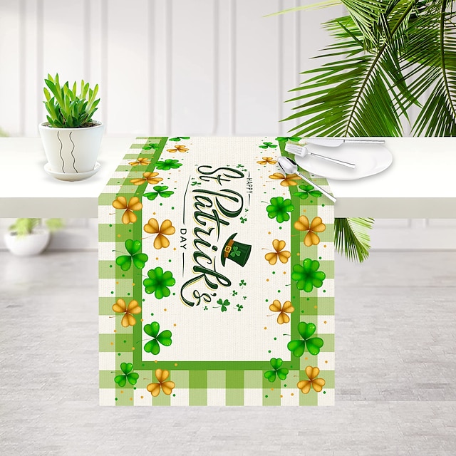  zelený šťastný trojlístek sv. Patrick's day table runner, sezónní jarní prázdniny dekorace kuchyňského jídelního stolu pro vnitřní venkovní dekorace na domácí párty