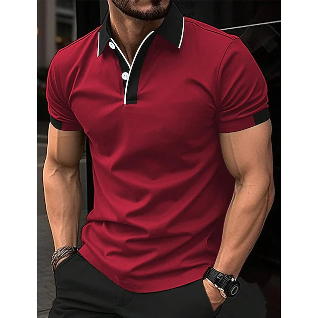 Men's Polo Shirt Button Up Polos Casual Sports Lapel Short Sleeve Fashion Basic Color Block Patchwork Summer Regular Fit Black Red Sky Blue Brown Polo Shirt 9