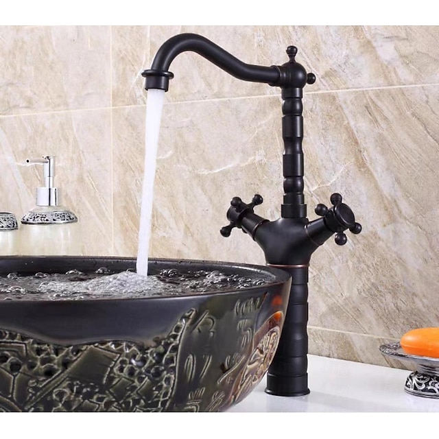  Traditional Brass Bathroom Sink Faucet,Black Oil-rubbed Bronze Deck Mounted Two Handles One Hole Bath Taps with Zinc Alloy Handle,Hot and Cold Switch and Ceramic Valve