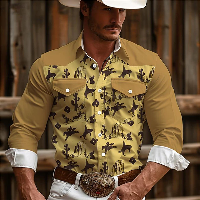 Men's Cowboy Western Shirt Button Up Shirt Cowboy Shirt Long Sleeve Vintage Western Style Daily Wear Weekend Spring Fall Winter Turndown Collared Shirts 3D Print Front Pocket Blue Brown Khaki 7