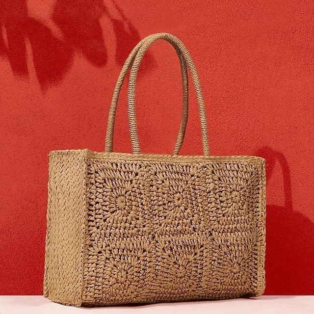  damska torba typu tote z plecionej słomy z wzorem szydełkowym i dwoma uchwytami, torebka boho na lato, plażę, wakacje, piknik i nieformalne wyjścia