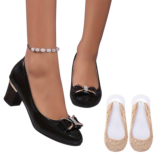  kvinders hæle pumps plus size bryllupsfest daglig sløjfe chunky hæl spids tå vintage mode afslappet pu loafer sort hvid beige med snørebånd beskyttelse anti-slid korrektion skridsikker