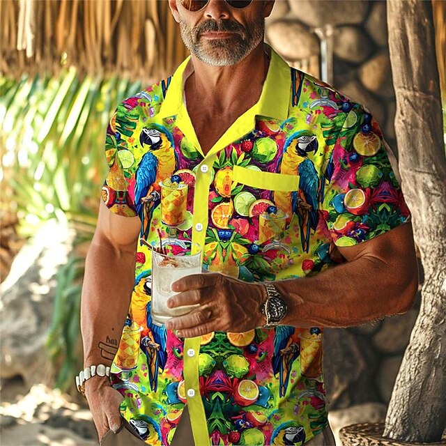 Men's Fruit Parrot Shirt Summer Hawaiian Shirt Aloha Shirt Short Sleeve Shirt Cuban Collar Hawaiian Casual Outdoor Street Casual Daily Yellow Pink Green S M L 8