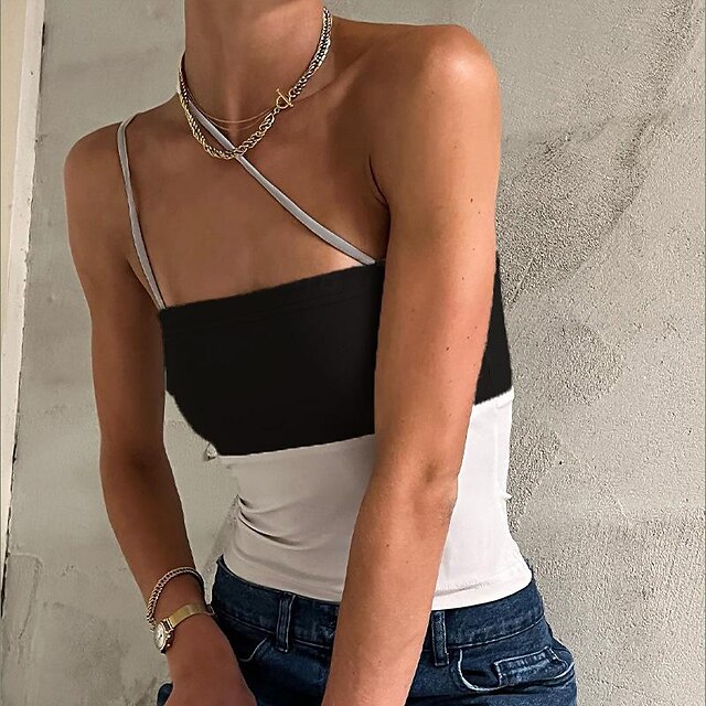  Damen Trägertop Tanktop Ärmellos Ärmellos Reguläre Tops Ein Schulter Leger Urlaub Unabhängigkeitstag Schwarz Weiß Khaki Frühling  Sommer