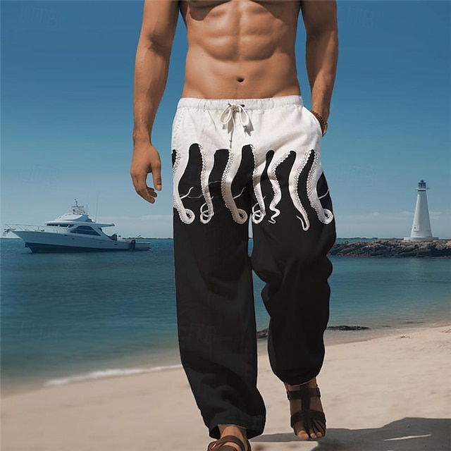  Octupus Marine Life Resort pour hommes Pantalon décontracté imprimé en 3D Pantalon taille élastique avec cordon de serrage Coupe ample Pantalon de plage d'été à jambe droite S à 3XL