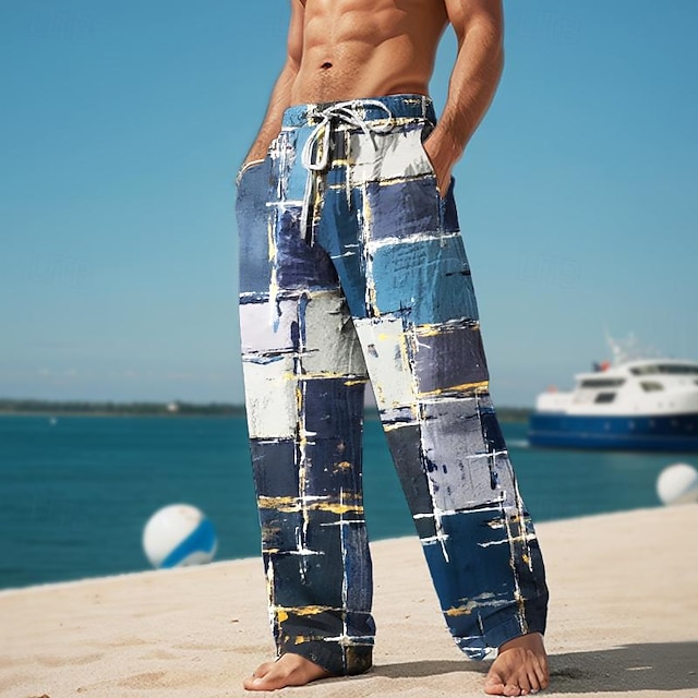  Pantalon décontracté imprimé en 3D à carreaux color block pour hommes, taille élastique, cordon de serrage, coupe ample, jambe droite, pantalon de plage d'été s à 3xl
