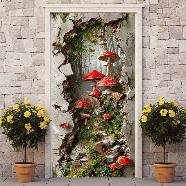 Broken Wall Mushrooms Door Covers Mural Decor Door Tapestry Door ...