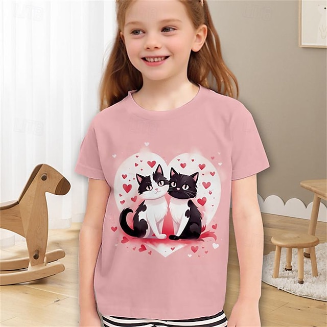  Valentijnskaarten Voor meisjes 3D Hart Kat T-shirt Overhemd Roze Korte mouw 3D-afdrukken Zomer Actief Modieus leuke Style Polyester Kinderen 3-12 jaar Strakke ronde hals Buiten Casual Dagelijks