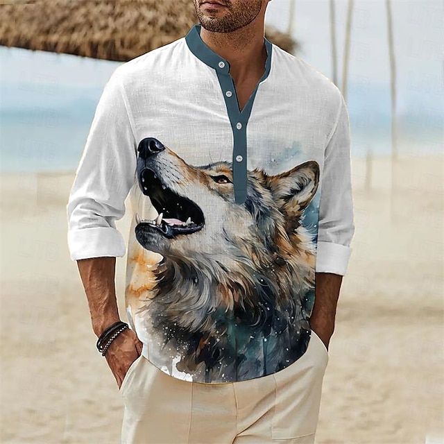  dier Wolf Hawaii Casual Voor heren Overhemd linnen overhemd Alledaagse kleding Vakantie Uitgaan Lente & Herfst Opstaand Lange mouw blauw, Paars, Oranje S, M, L Slub stof Overhemd