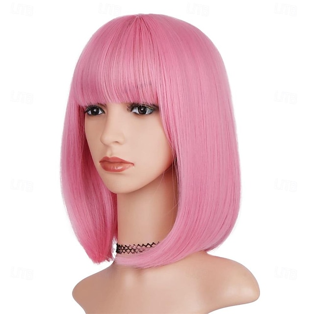  Pink Bob Wig with Bangs for Women 12 Inch Short Straight Pink Wigs Synthetic Colored Wigs