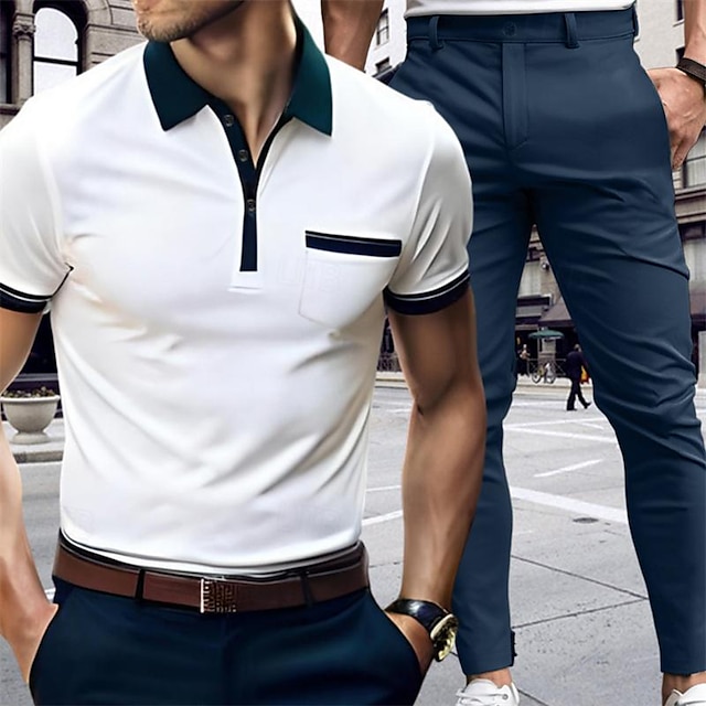  Men's Matching Sets White Polo Shirt Sport Polo Golf Shirt Trousers Chinos Chino Pants Sets Short Sleeve Lapel Vacation Casual Daily Color Block 2 Piece Polyester Spring & Summer